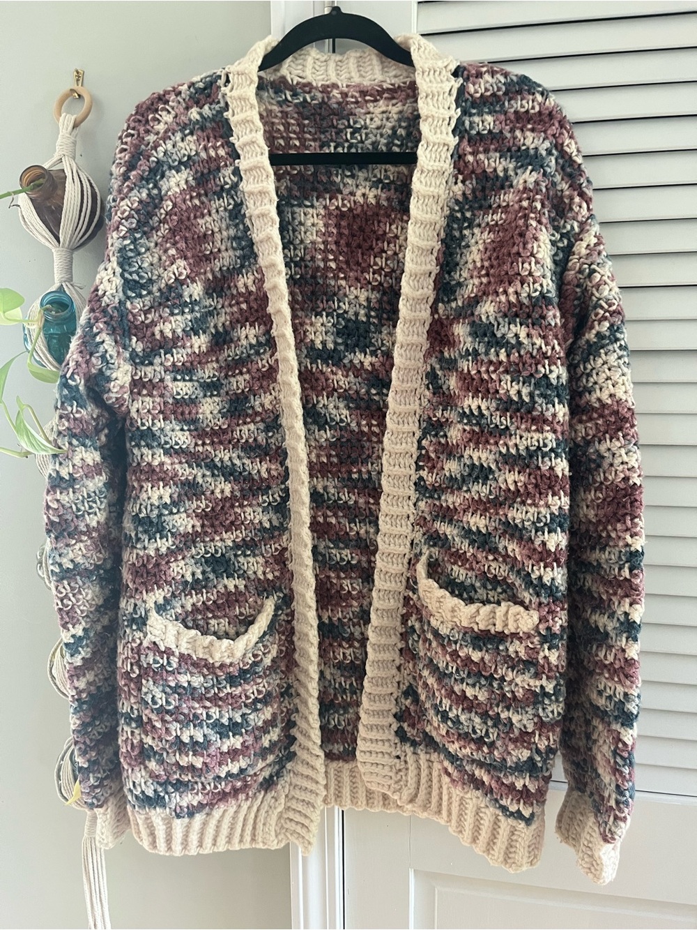 Handmade Multicolor Marled Open-Front Cardigan with Cream Trim